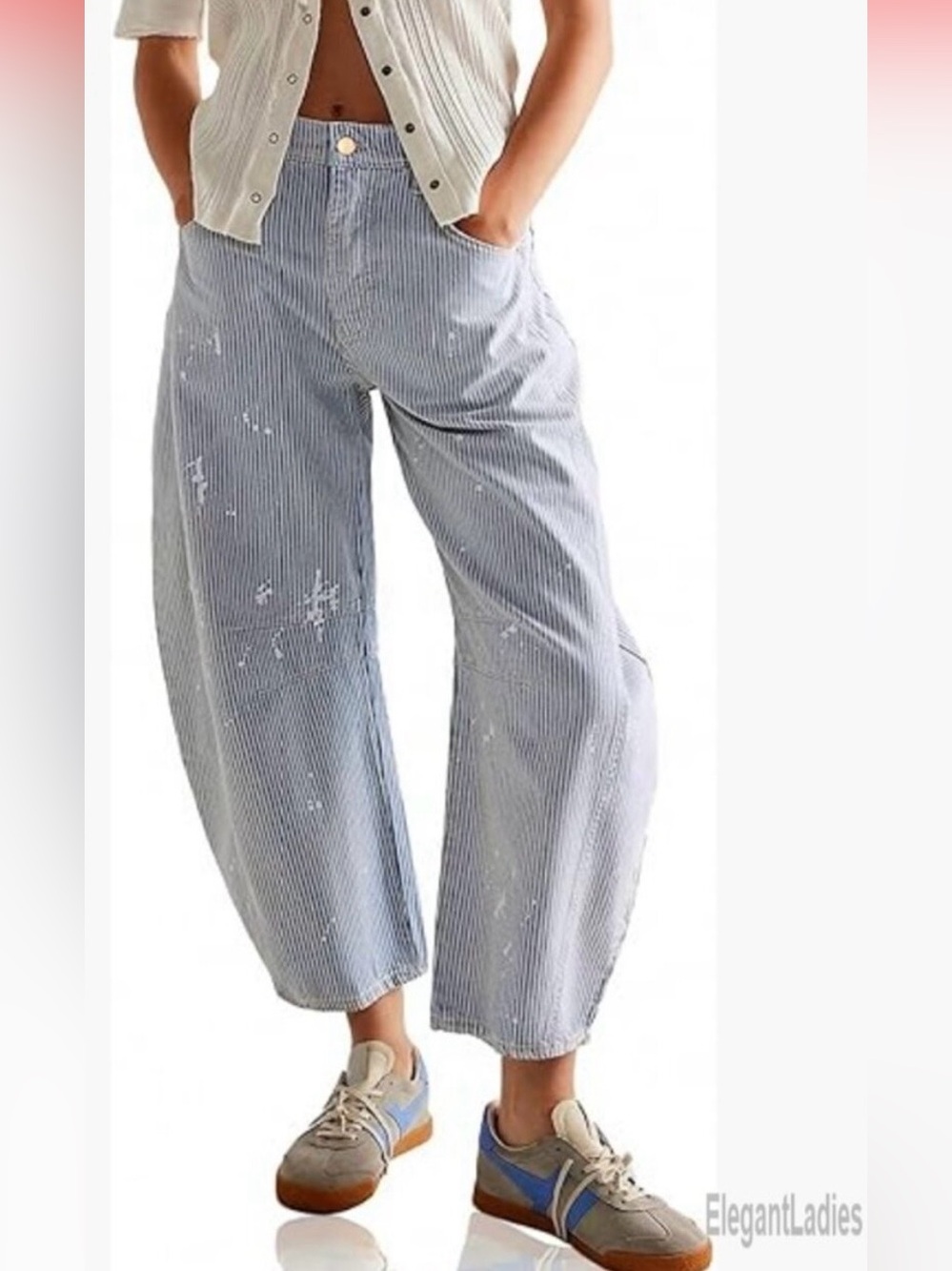We The Free People Sz 26 Mid-Rise Good Luck Stripe Barrel Jeans Railroad Paint